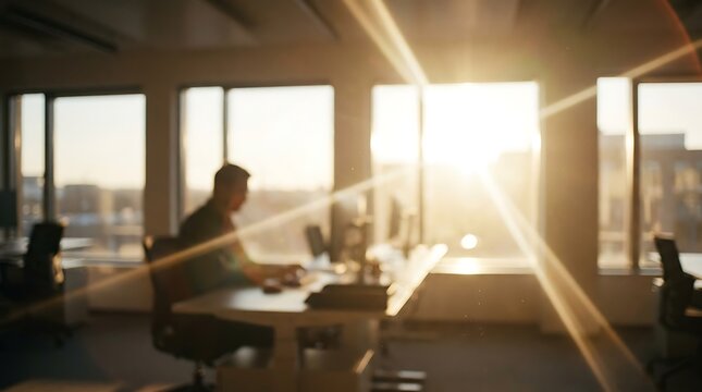 Silhouette of a dedicated professional working at desk inside modern corporate office during sunset with bright sun flares