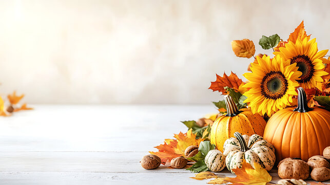 Bright minimalist autumn layout featuring vibrant sunflowers pumpkins and walnuts with massive left copy space