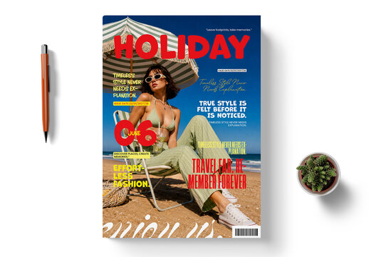 Summer Vacation Fashion Magazine Cover Template with Stylish Woman on Beach