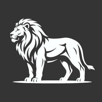 Majestic Standing Male Lion White Vector Silhouette on Dark Background