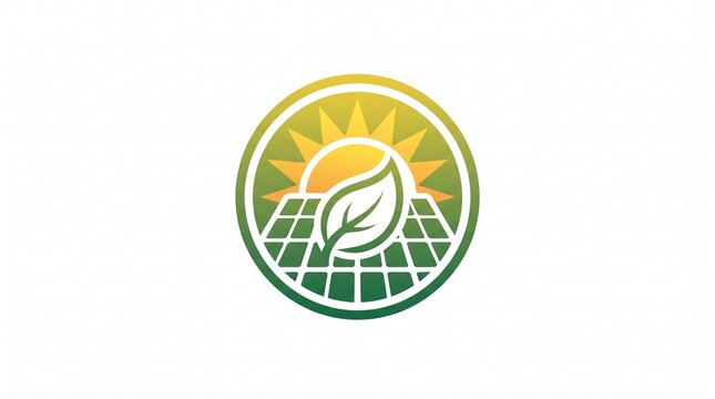 Minimalist eco solar energy logo combining sun with leaf and solar panel grid inside circle. Green yellow blue gradient flat vector illustration. Perfect for solar panel company, green energy, sustain