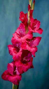 Magneta Gladiolus Flowers In Bloom On blue Backdrop