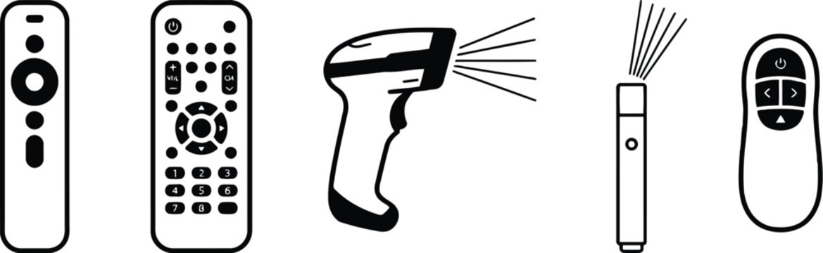 Set of black and white hand drawn remote controls and a barcode scanner icon collection for electronic devices and technology concepts