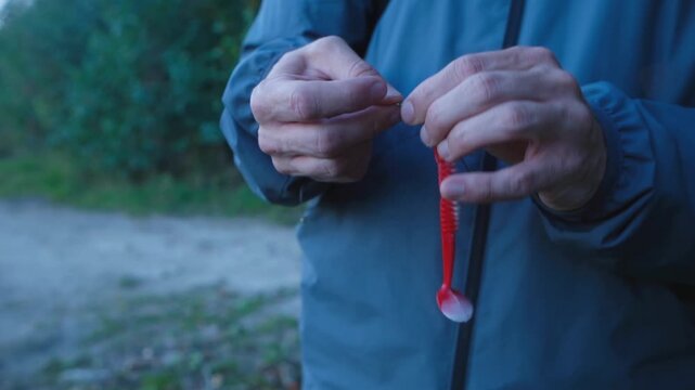 Close up fisherman hands meticulously rigging red soft plastic lure with jig head and hook, getting fishing tackle ready for casting in serene natural environment at dusk. Fisherman preparing lure
