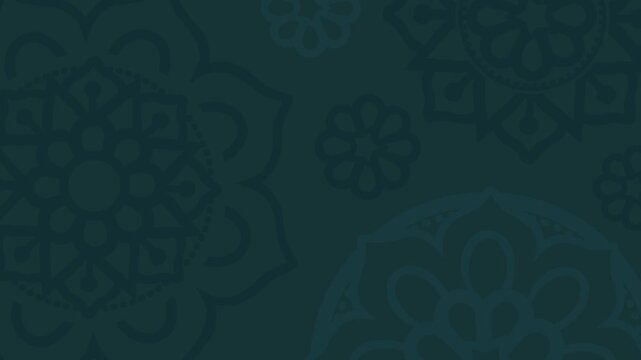 Diwali Rangoli Background. Dark green 4K loop background with subtle dark rangoli floral patterns. Ideal for Diwali video backdrops, title overlays, festive promos and web banners.