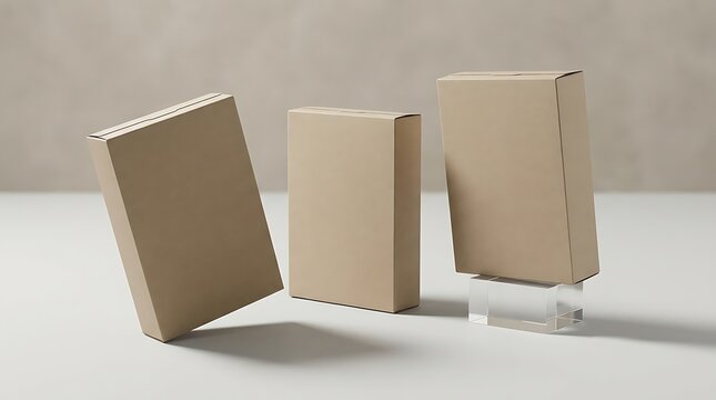 Three blank cardboard boxes standing on a table for product packaging design mockup and presentation. blank cereal box