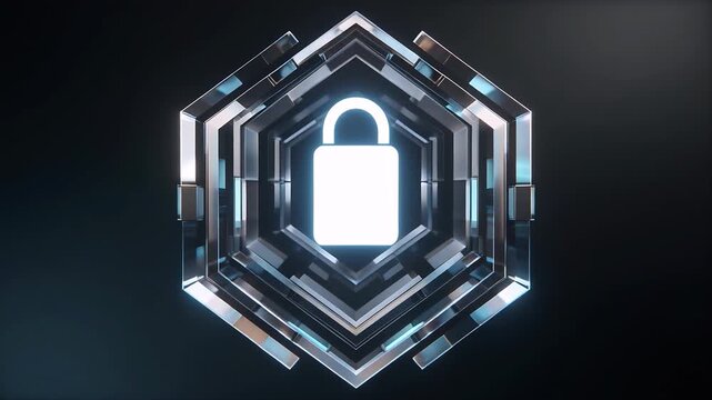 Secured Access Symbol: A futuristic, glowing padlock icon encased within a geometric, hexagonal frame symbolizes digital security and data protection.