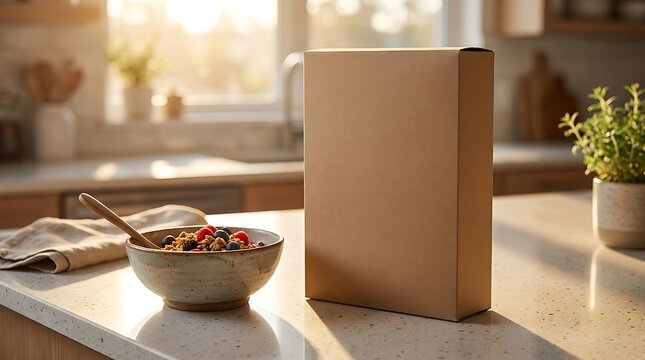 Blank cardboard cereal box standing on a modern kitchen counter next to a bowl of granola and berries. blank cereal box
