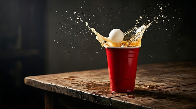 Ping pong ball landing in a red plastic cup with beer splashing out on a rustic wooden table surface. beer pong splash