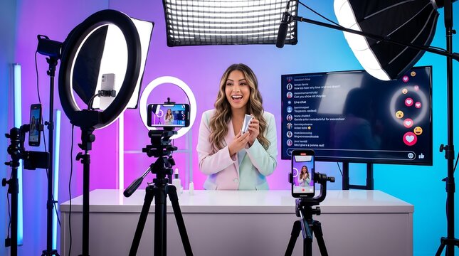 Young woman influencer recording a product review video in a professional home studio with ring lights