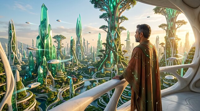 Man looking out from a balcony at a futuristic green crystal city with flying vehicles at sunset