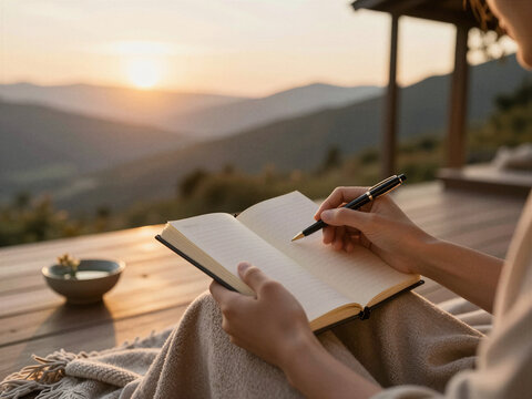Peaceful woman writing in a journal on a terrace overlooking misty mountains at sunset