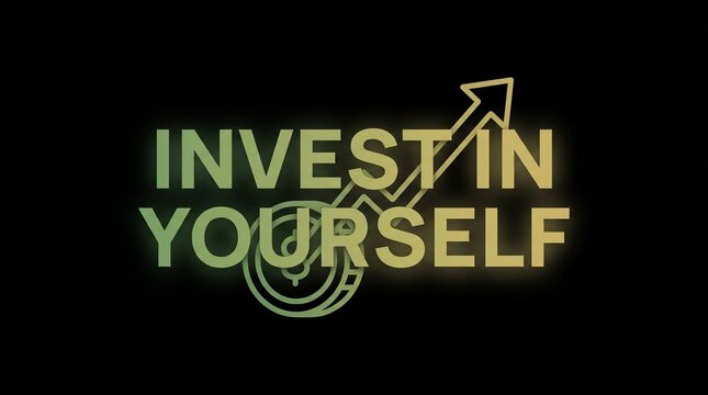 Invest in yourself text graphic with a rising growth arrow icon on a black background