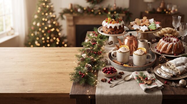 Festive Christmas table with holiday treats cakes hot cocoa and pine decorations