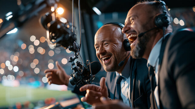 Two adult sports commentators lean toward suspended microphones and react together during a live match, gesturing toward the brightly lit playing field through the booth window.
