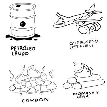 Collection of hand drawn energy resource icons featuring crude oil, jet fuel, coal and biomass. Suitable for energy industry, fuel technology, transportation, renewable energy, industrial and educatio
