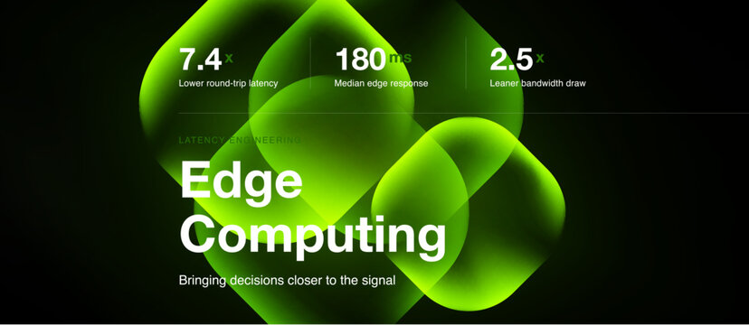 Green abstract shapes represent edge computing concept. Numbers highlight latency, response time, bandwidth improvements. Text promotes signal proximity.