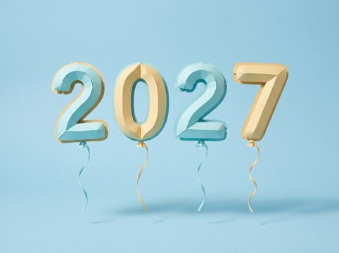 Colorful Balloon Numbers Representing Year Twenty Twenty-Seven on Soft Blue Background
