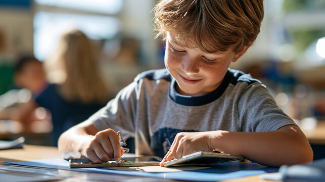 A 10-year-old child angles two freestanding mirrors, redirecting a bright patch of sunlight across a classroom table onto a plain colored target card. Seen over the shoulder in a