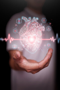 Open hand holding glowing digital human heart with pulse ecg line and medical cross icons. AI cardiology, cardiovascular health monitoring, and advanced medical technology. Vertical stock photo.