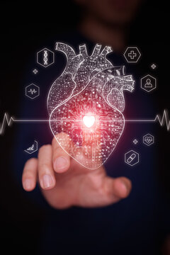 Finger touches digital human heart with embedded microchip, heartbeat ecg line, and medical cross icons. Cardiology diagnostics, AI healthcare, cardiovascular medical technology. Vertical photo.