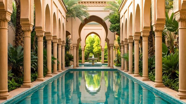 Luxurious moorish courtyard with reflective turquoise pool and elegant arches