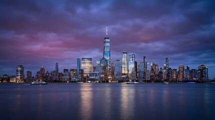 Fototapeta premium Breathtaking panoramic view of the lower manhattan skyline illuminated at dusk with reflections on the hudson river
