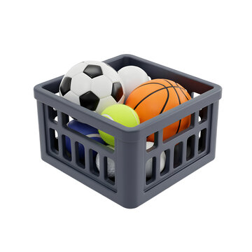 Sports balls in a grey plastic storage crate. Featuring soccer ball basketball tennis ball and golf ball. 3D rendered equipment container