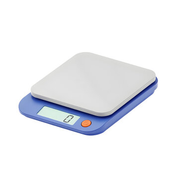 Digital kitchen scale with a blue plastic base and white weighing platform. Modern tabletop device for precision food measurement and diet tracking