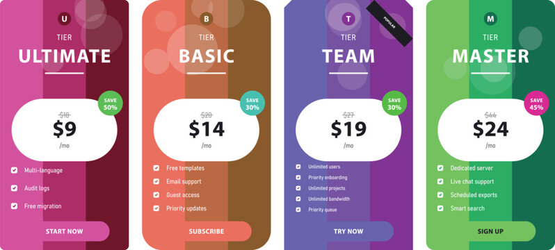 Modern pricing tier cards for subscription services design Vector