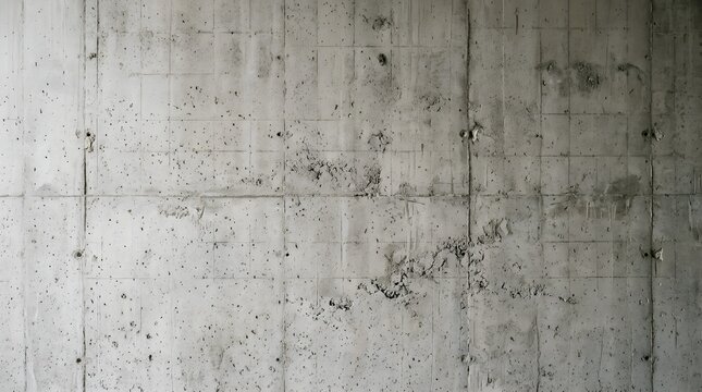 Full-frame texture of an authentic raw exposed concrete wall showing formwork panel seams, grid lines, tie-rod holes, and porous cement surface, ideal for industrial backgrounds and design mockups.