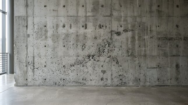 Empty modern industrial interior featuring a large raw exposed concrete wall with formwork holes, paired with a polished concrete floor and natural light from a side window.