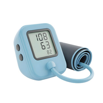 Digital blood pressure monitor device. Portable health diagnostic tool with blue casing. Isolated medical equipment for hypertension monitoring