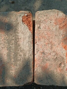 Close-up view of two old weathered red clay bricks with rough textures and visible damage.