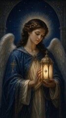 Fototapeta premium Mystic angelic woman holding glowing lantern, fantasy digital art mobile wallpaper