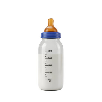 Baby bottle with milk. Glass infant feeding bottle featuring a blue cap and amber nipple. Isolated on a clean white background for childcare marketing
