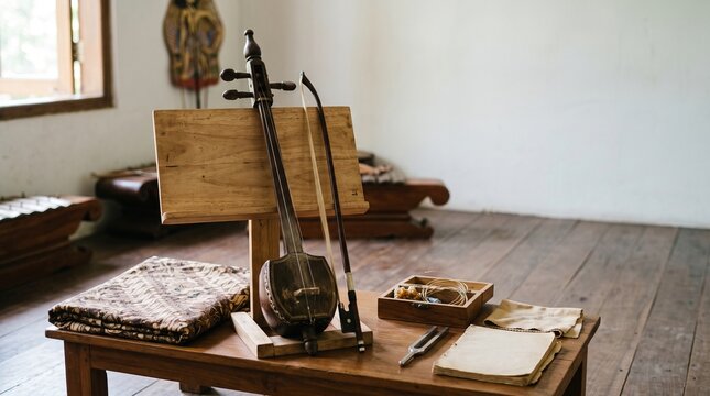 Javanese rebab music education concept for cultural workshops, arts schools, heritage programs, educational campaigns, institutional media, and traditional music promotion.