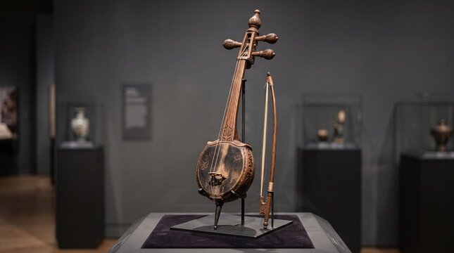 Javanese rebab presented as a cultural heritage object for museum education, conservation research, exhibition design, archival publishing, and Indonesian arts documentation.