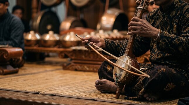 Close view of Javanese rebab performance within gamelan culture for cultural tourism, festival promotion, arts advertising, documentary media, and heritage storytelling.