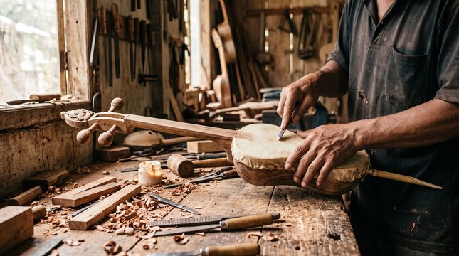Traditional Javanese rebab craftsmanship showing handmade instrument production for cultural preservation, artisan campaigns, education, museums, and Indonesian heritage storytelling.
