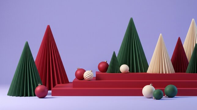 3D Christmas Red Podium with Paper Accordion Trees &ndash; Modern Holiday Product Staging Showcase Banner