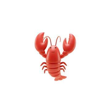 Red lobster 3D character icon. Cute cartoon crustacean with raised claws. Isolated high quality render for seafood restaurant and marine branding