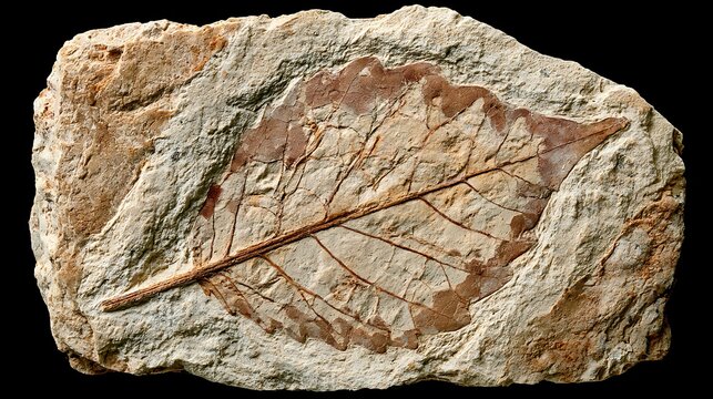 Ancient Fossilized Leaf Imprint in Sedimentary Rock.