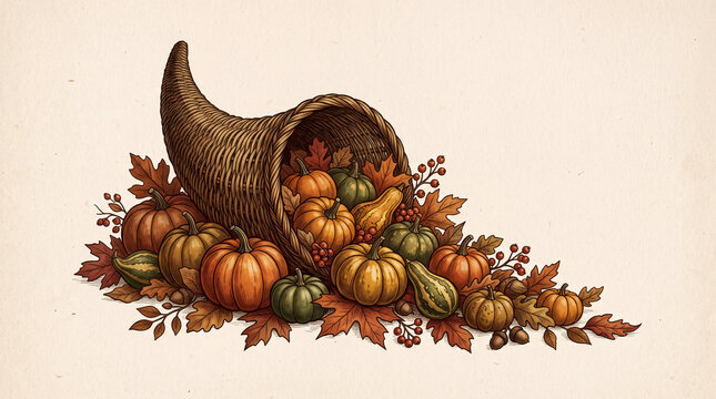 Traditional cornucopia overflowing with pumpkins, gourds, and autumn leaves on a plain off-white background.