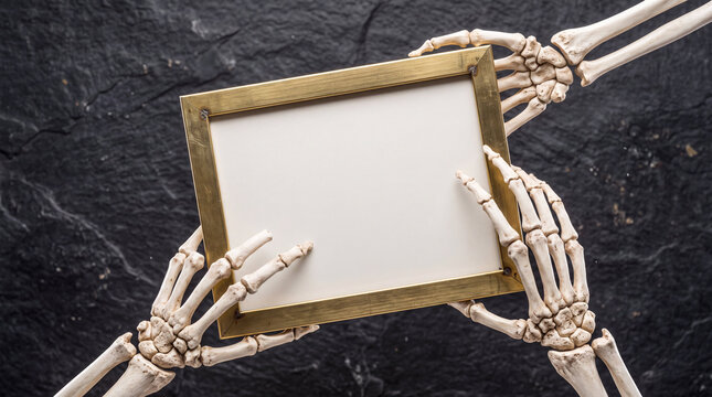 Two skeleton hands holding a blank golden picture frame against a dark textured stone background.