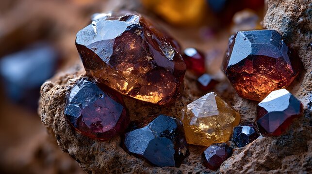 Macro close up of raw garnet crystals embedded in rough rock matrix.