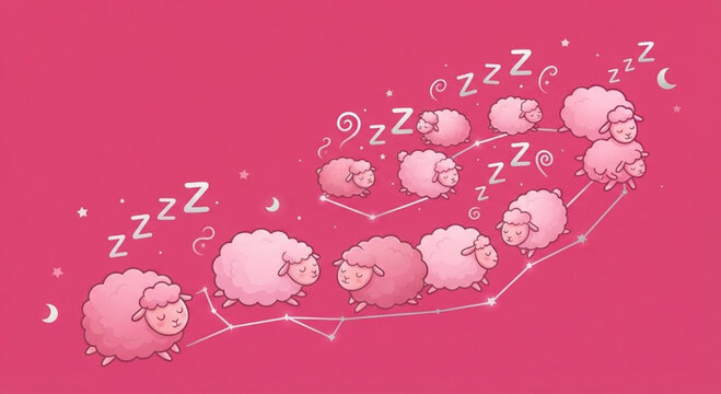 Sleepwalking pink sheep migrating as a constellation through the night sky with moon and stars
