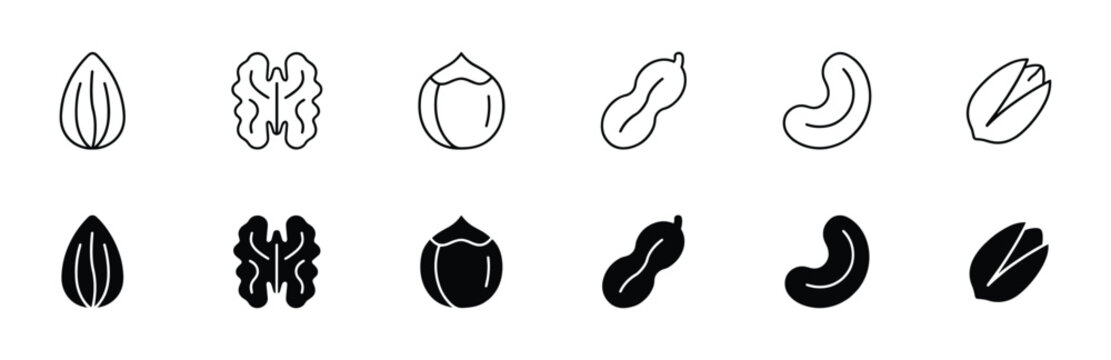 Nut icon set with almond walnut hazelnut peanut cashew and pistachio