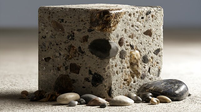 A textured concrete cube sitting among various small river stones.