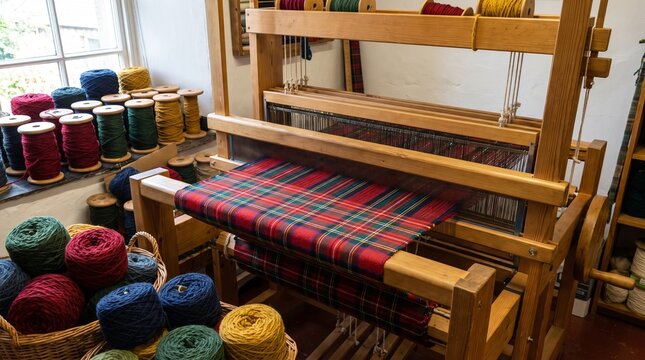 Traditional wooden loom weaves vibrant tartan fabric using colorful wool yarn spools stored inside a cozy sunlit artisan weaving workshop studio